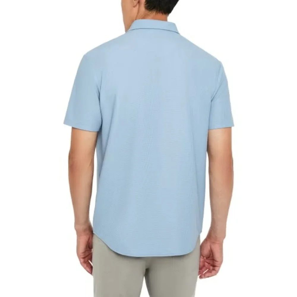 Kenneth Cole Mens Short Sleeve Woven Shirt Blue Slim Fit Stretch XL